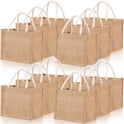 Cunno 12 Pcs Burlap Tote Bag Mini Jute Reusable Bag with Handles Small Blank Canvas Gift Waterproof for Wedding Beach DIY(Classic Style,9.06 x 5.12 x 6.3)