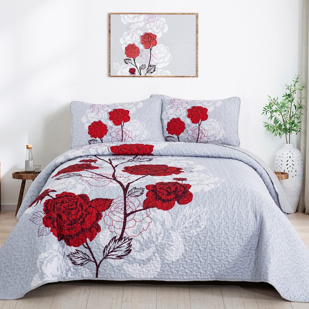 Anibedding Floral Quilt Set King Size,Elegant Red Floral Printed Bedspread Coverlet 3 Pieces Soft Microfiber Bedding Set with 2 Pillowcases for All Season(104"90")