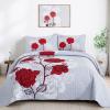 Anibedding Floral Quilt Set Queen Size,Elegant Red Floral Printed Bedspread Coverlet 3 Pieces Soft Microfiber Bedding Set with 2 Pillowcases for All Season(96"90") view 1
