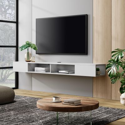 70in TV Stand with Yellow&Blue Lights, Entertainment Center Media Console, Wall Mounted Shelf Media Console Cabinet for Storage for 65/70/75 Inch TVs, White