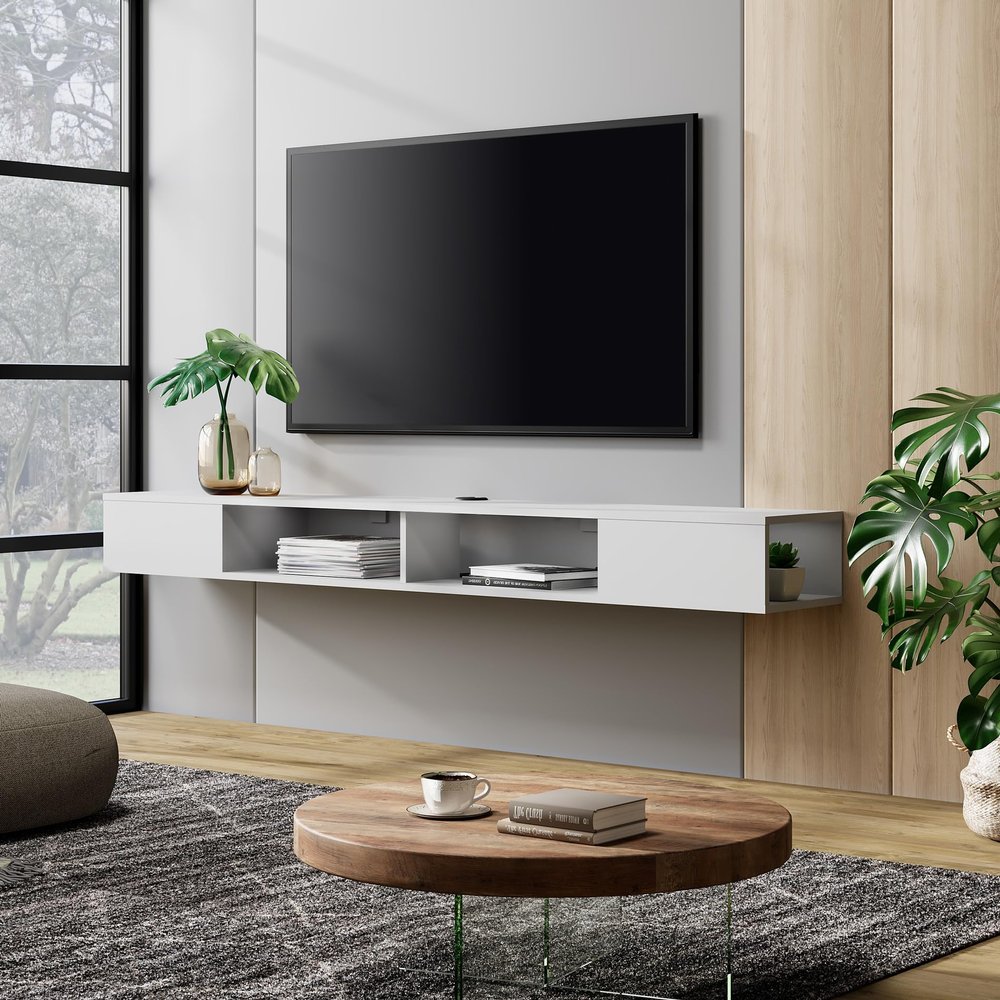 70in TV Stand with Yellow&Blue Lights, Entertainment Center Media Console, Wall Mounted Shelf Media Console Cabinet for Storage for 65/70/75 Inch TVs, White