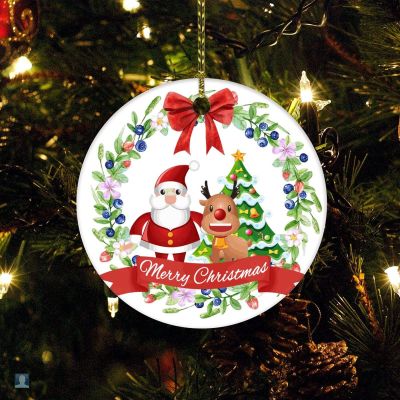 Christmas Ceramic Ornament Merry Christmas Wreath Xmas Gift Christmas Decoration Keepsake Ornament Santa Snowman Deer Holiday Ornament for Home Christmas Tree Decor