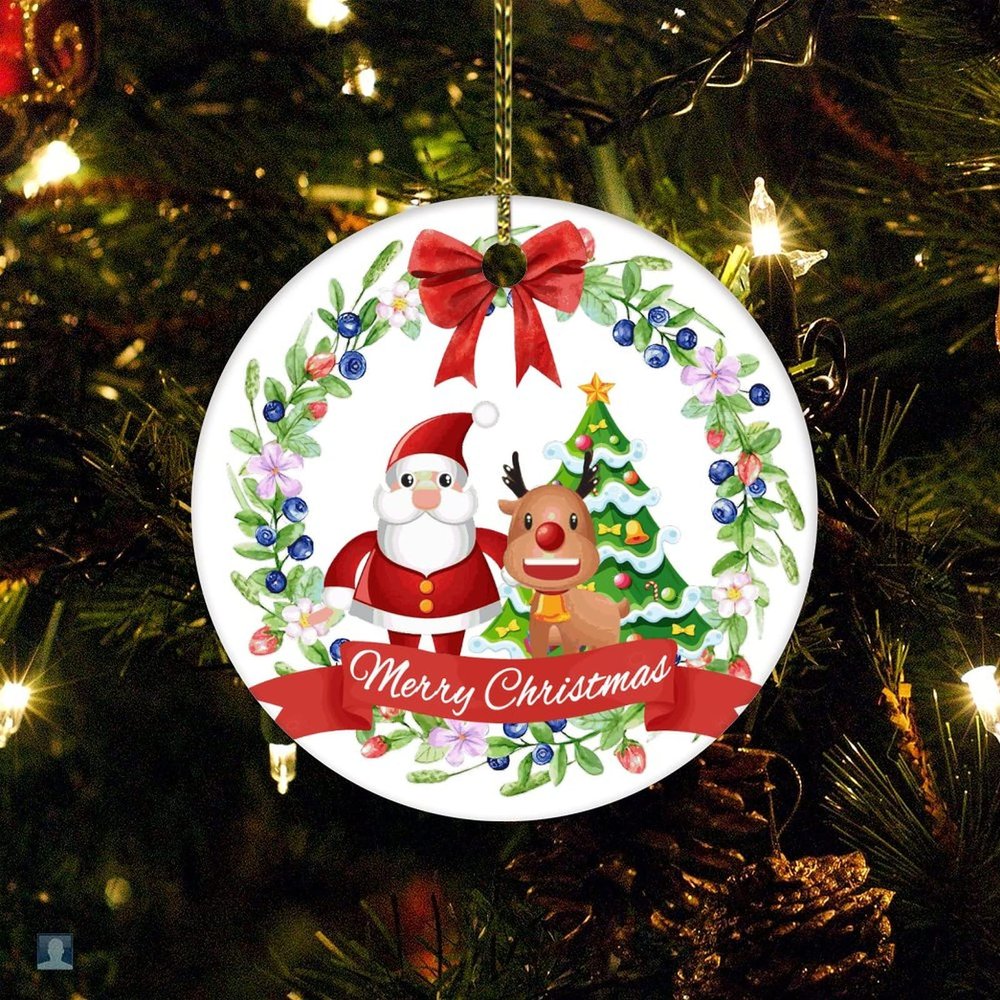 Christmas Ceramic Ornament Merry Christmas Wreath Xmas Gift Christmas Decoration Keepsake Ornament Santa Snowman Deer Holiday Ornament for Home Christmas Tree Decor