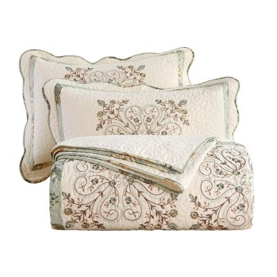 vctops 3 Piece Farmhouse Patchwork Quilt Set Oversized Queen, Elegant Floral Embroidered Cotton Quilted Bedspread Coverlet Lightweight Reversible Bedding Cover with 2 Pillow Sham (98x106 in)