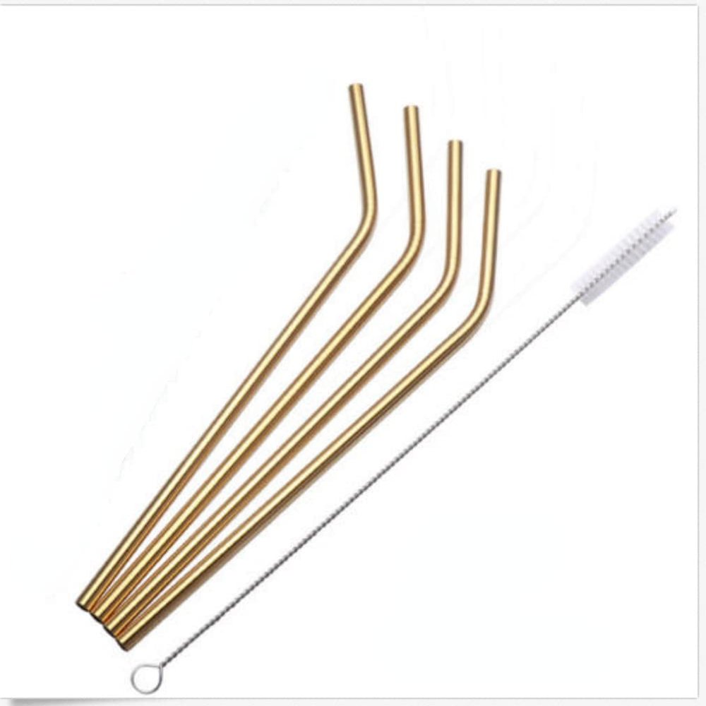 anso 4 Pcs Stainless Steel Metal Drinking Straw Reusable Straws + Cleaner Brush Kit (Gold,Bend)