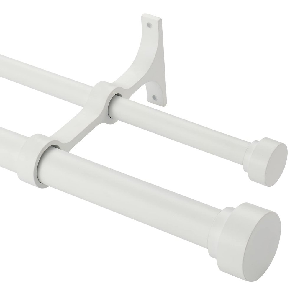 Heavy Duty Double Curtain Rods With Cylindrical Cap Finials 36 to 72" Telescoping 1 Inch Diameter Front and 5/8 Inch Diameter Back Window Drapery Rod, Matte White