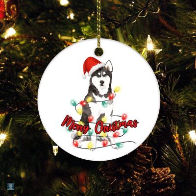 Dog Tangled in Lights Merry Christmas Dog Christmas Ornament Dog Quotes Holiday Present for Boys Girls Round Ceramic Christmas Decoration
