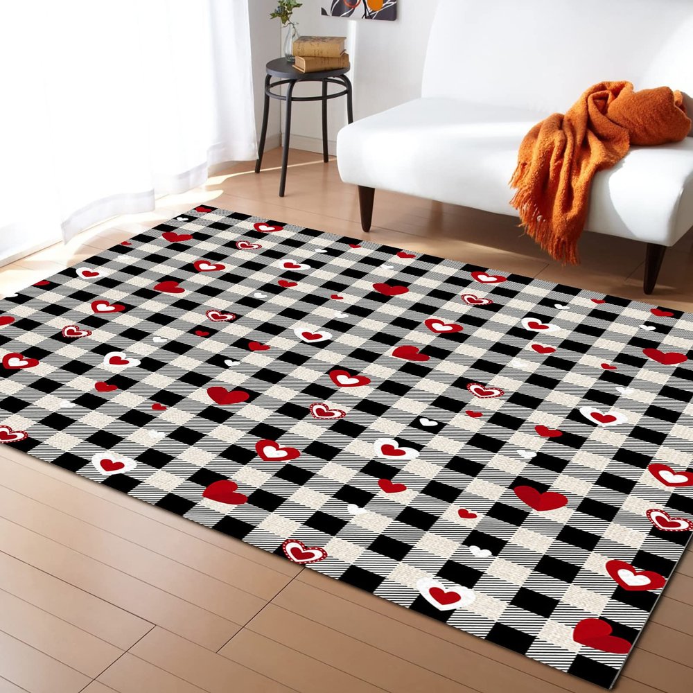 5x8ft Large Area Rugs for Living Room, Valentines Day Lovely Heart Collection Area Runner Rugs Non Slip Bedroom Carpets Hallways Rug, Outdoor Indoor Nursery Rugs Dcor Buffalo Check Black White