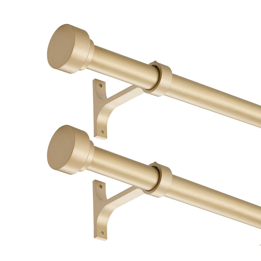 2 Pack Heavy Duty 1 Inch Diameter Single Curtain Rods 72-144 Adjustable Window Curtain Rod with Aluminum Alloy Cylindrical Cap Finials, Wall Mount and Ceiling Mount, Light Gold