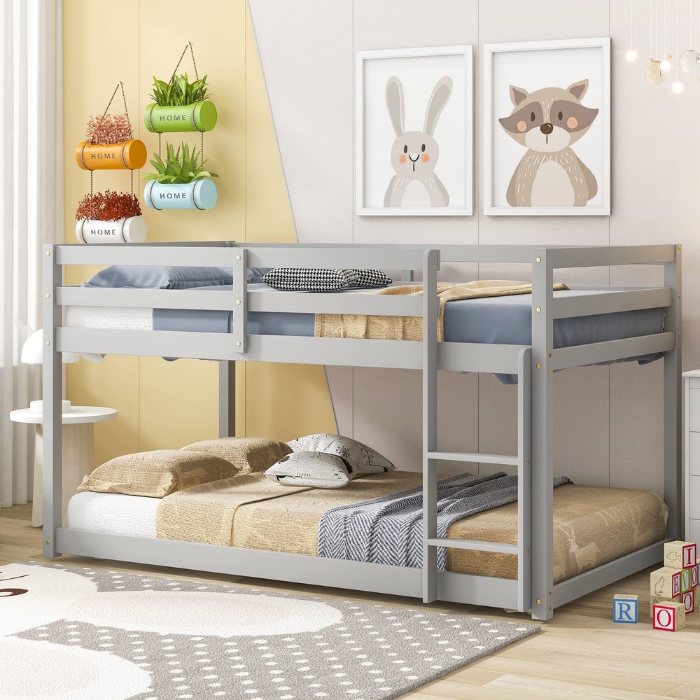 MWrouqfur Low Bunk Beds Twin Over Twin Floor Bunk Bed Frame Loft Bed for Boys Girls Teens,Space Saving,No Box Spring Needed (Gray)