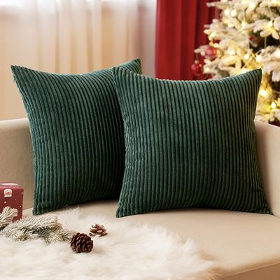 EMEMA Christmas Throw Pillow Covers Corduroy Decorative Soft Striped Square Cushion Covers Spring Pillowcases for Couch Sofa Bedroom Chair Car Green Pillow Covers 20x20 Pack of 2, Dark Green