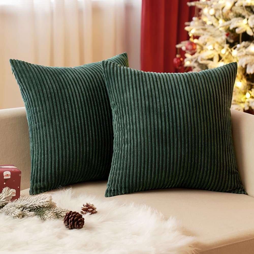 EMEMA Christmas Throw Pillow Covers Corduroy Decorative Soft Striped Square Cushion Covers Spring Pillowcases for Couch Sofa Bedroom Chair Car Green Pillow Covers 20x20 Pack of 2, Dark Green