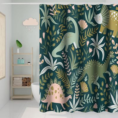 Umpoo Dino Themed Bathroom Shower Curtain Tropical Rainforest Green Dinosaur Leaves with Hooks Waterproof Fabric Polyester for Kids Bathtub Decorative, 72x72 Inch