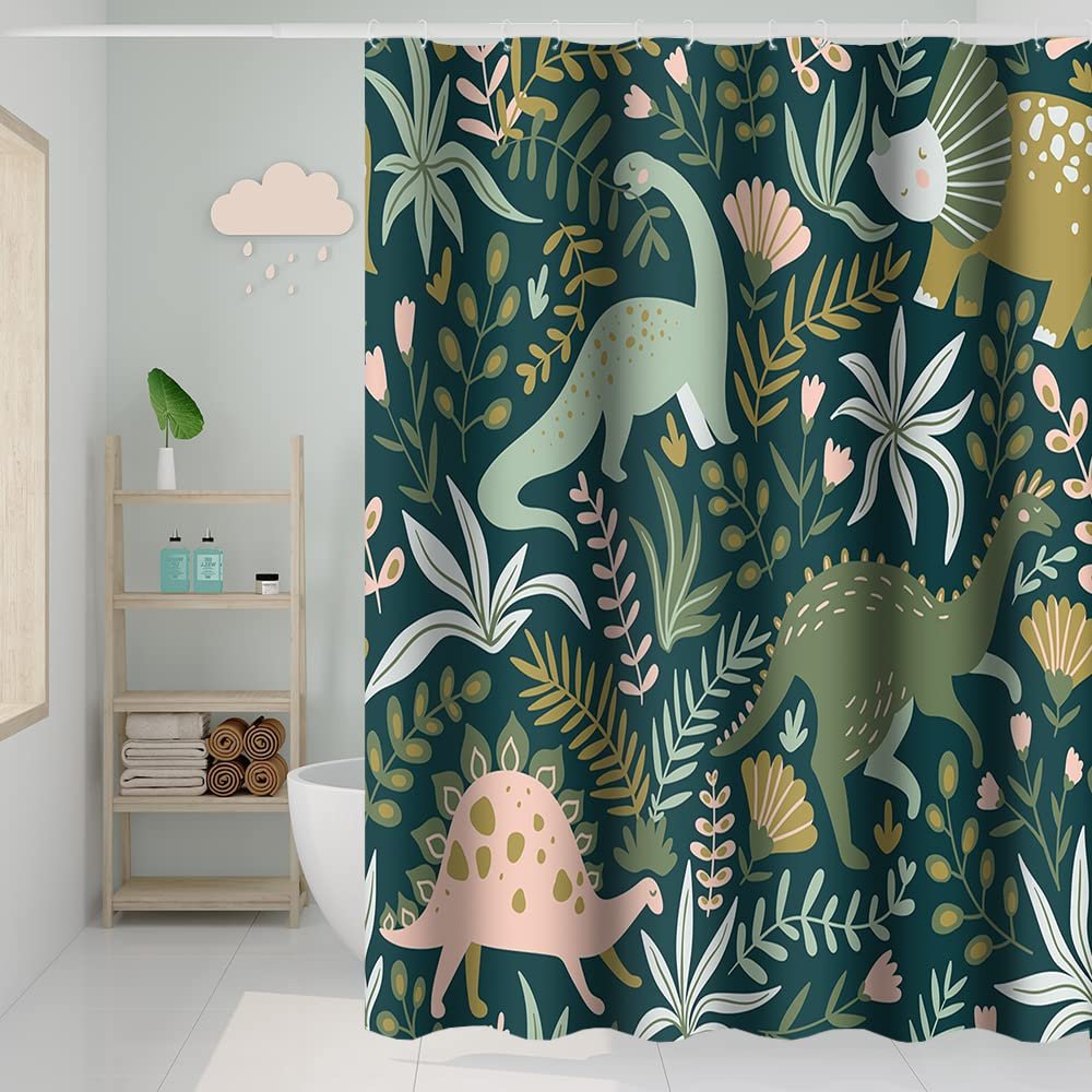 Umpoo Dino Themed Bathroom Shower Curtain Tropical Rainforest Green Dinosaur Leaves with Hooks Waterproof Fabric Polyester for Kids Bathtub Decorative, 72x72 Inch