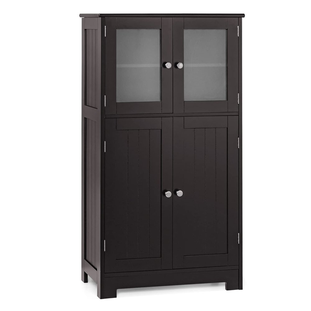 Giantex Storage Cabinet with Doors - Bathroom Floor Cabinet, Freestanding Tall Cabinet w/ 2 Tempered Glass Doors, Adjustable Shelf, Kitchen Cupboard Storage Organizer for Hallway Living Room (Brown)