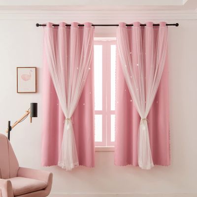 LUGOTAL Girls Curtains for Living Room Bedroom Curtain Double Layer Blackout Curtains 63 Inch Length Star Cutout Pink Curtain Window Drapes for Nursery (Pink, 42W x 63L,2 Panels)