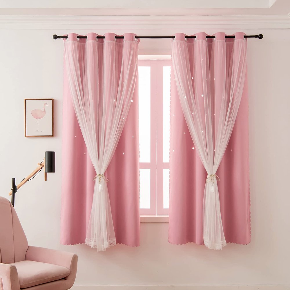 LUGOTAL Girls Curtains for Living Room Bedroom Curtain Double Layer Blackout Curtains 63 Inch Length Star Cutout Pink Curtain Window Drapes for Nursery (Pink, 42W x 63L,2 Panels)