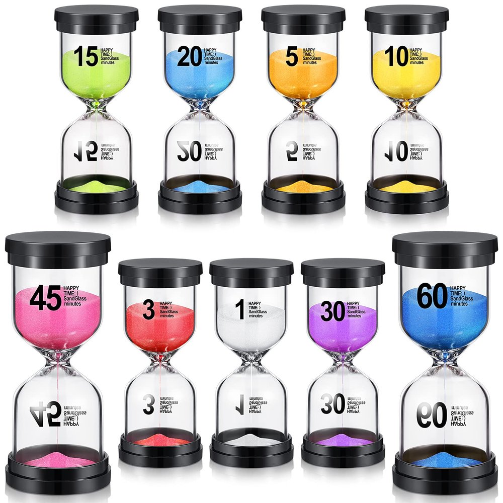 Aoriher 9 Pieces Sand Timer Colorful Hourglass Sand Clock Timer 1/3/5/10/15/20/30/45/60 Minutes Sandglass Timer for Kitchen Home Office Classroom Games Cooking Kids, 9 Colors