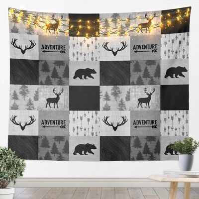 Black Gray Plaids Patchwork Kids Tapestry,Boys Girls Adults Cabin Decor,Wild Animals Deer Antlers Bear Wall Tapestries,Arrows Pine Trees Wall Hanging,Rustic Home Wall Decor,Small 51.2 x 59.1 Inches