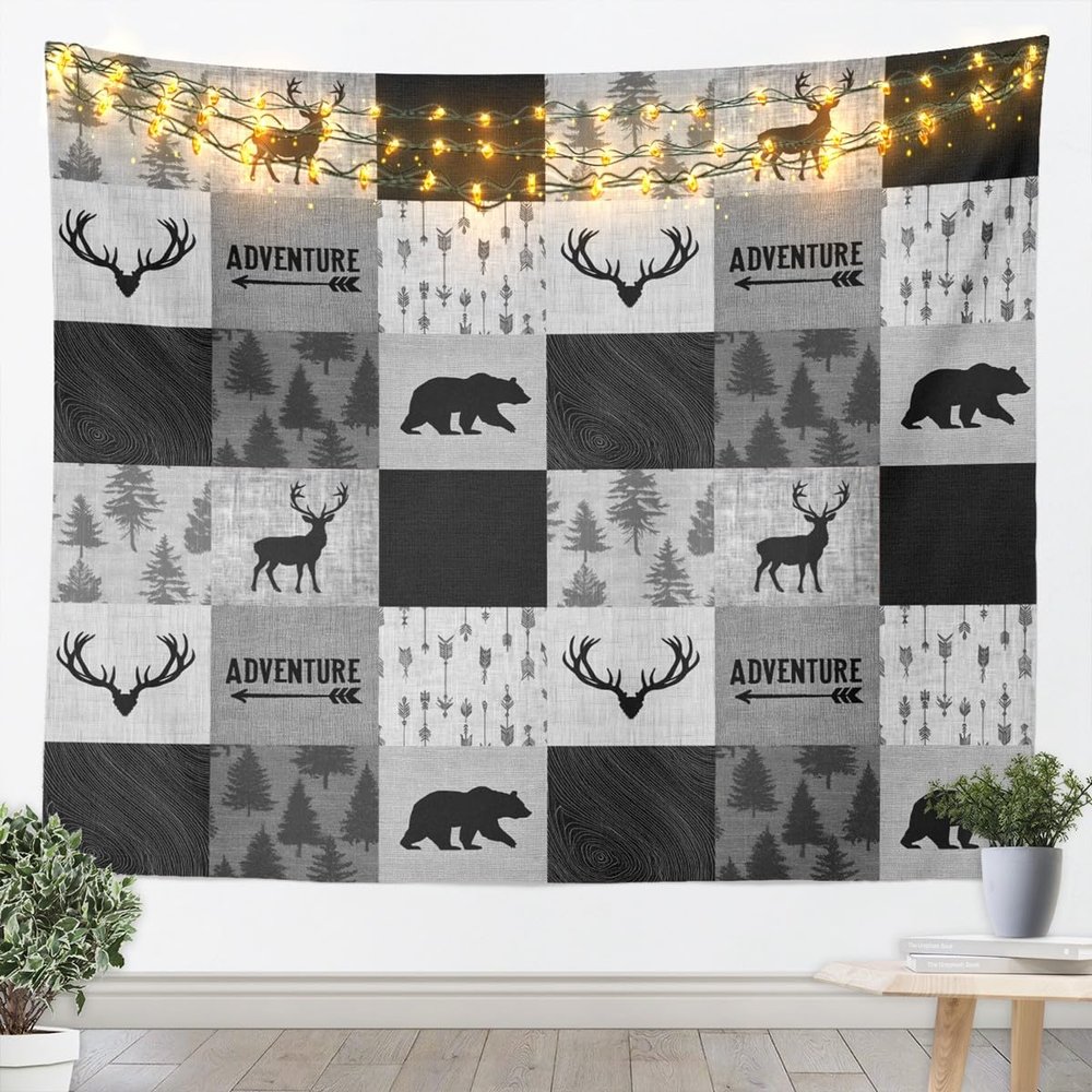 Black Gray Plaids Patchwork Kids Tapestry,Boys Girls Adults Cabin Decor,Wild Animals Deer Antlers Bear Wall Tapestries,Arrows Pine Trees Wall Hanging,Rustic Home Wall Decor,Small 51.2 x 59.1 Inches