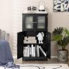Tangkula Bathroom Floor Cabinet, Freestanding Storage Cabinet w/Glass Doors, Wood Kitchen Cupboard w/Adjustable Shelf, Bathroom Storage Cabinet for Hallway Living Room Office (Cabinets, Black) view 2