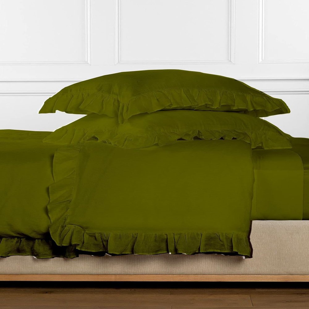 Drona Bedding Ruffle Modern Duvet Cover Set 3 Piece with Corner Ties 100% Egyptian Cotton 600 Thread Count Luxury 1 Duvet Cover (90x104 inches) 2 Pillow Shams (20x40 inches) Cal King Size/Olive