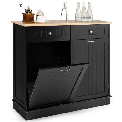 Black Freestanding Kitchen Island Utility Storage Cabinet Trash Cabinet with Tilt Out Trash Bin Holder Rubberwood Countertop Ample Storage Space for Storing Silverware Utensils Kitchen Appliances