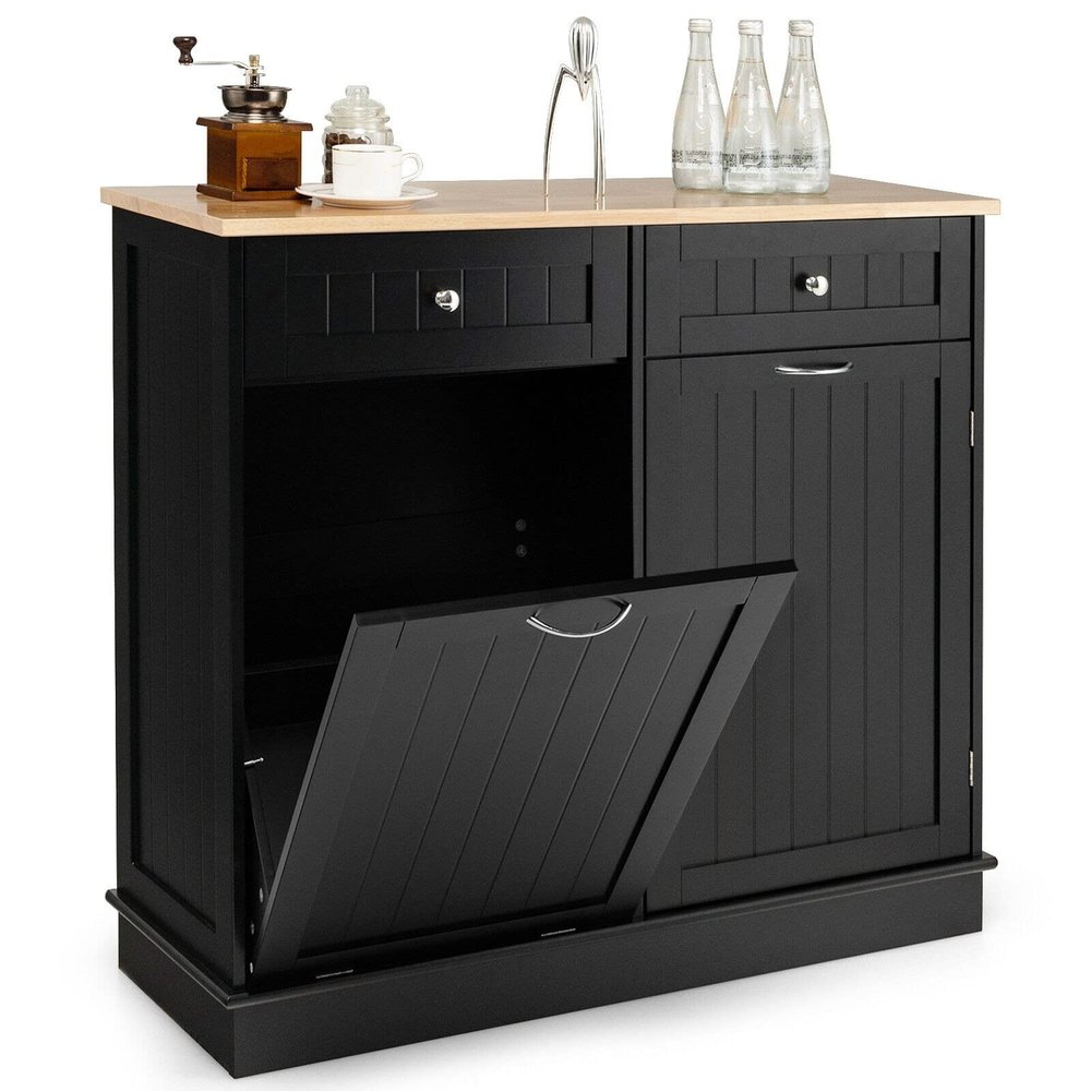 Black Freestanding Kitchen Island Utility Storage Cabinet Trash Cabinet with Tilt Out Trash Bin Holder Rubberwood Countertop Ample Storage Space for Storing Silverware Utensils Kitchen Appliances
