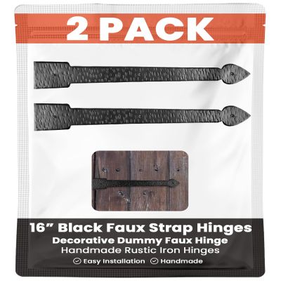 2 Pack 16" Black Faux Strap Hinges - Hand Forged Dummy Faux Hinge  Handmade Rustic Iron Hinges for Farmhouse Shutter, Carriage Doors, Barn Door, Castle Door, and Gates  The Colonial Series