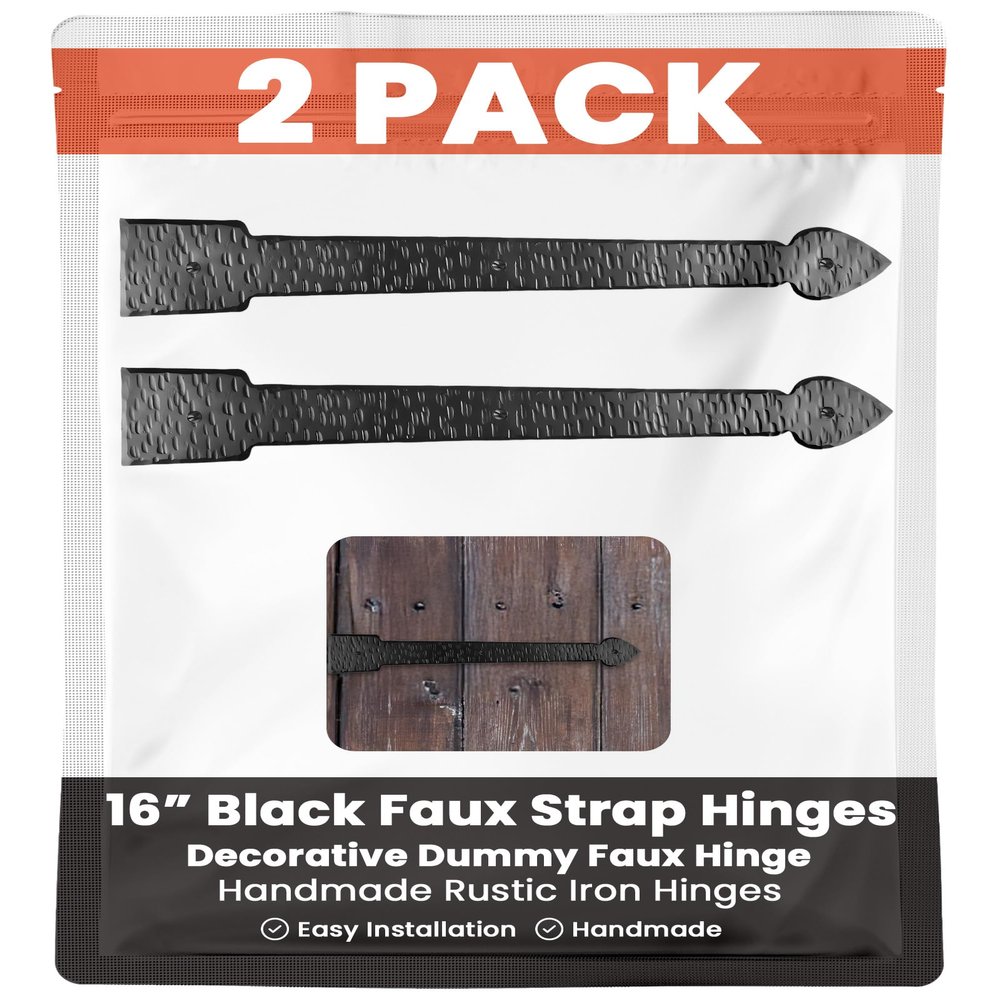 2 Pack 16" Black Faux Strap Hinges - Hand Forged Dummy Faux Hinge  Handmade Rustic Iron Hinges for Farmhouse Shutter, Carriage Doors, Barn Door, Castle Door, and Gates  The Colonial Series