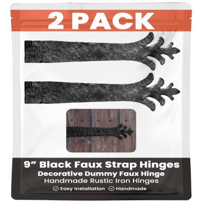 2 Pack 9" Black Faux Strap Hinges - Hand Forged Dummy Faux Hinge Handmade Rustic Iron Hinges for Farmhouse Shutter, Carriage Doors, Barn Door, Castle Door, and Gates The Ionian Series