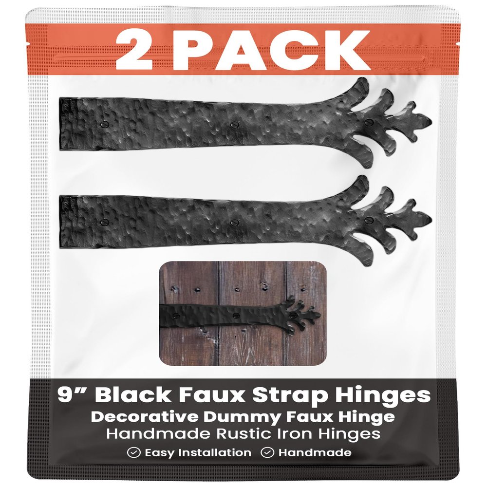 2 Pack 9" Black Faux Strap Hinges - Hand Forged Dummy Faux Hinge Handmade Rustic Iron Hinges for Farmhouse Shutter, Carriage Doors, Barn Door, Castle Door, and Gates The Ionian Series
