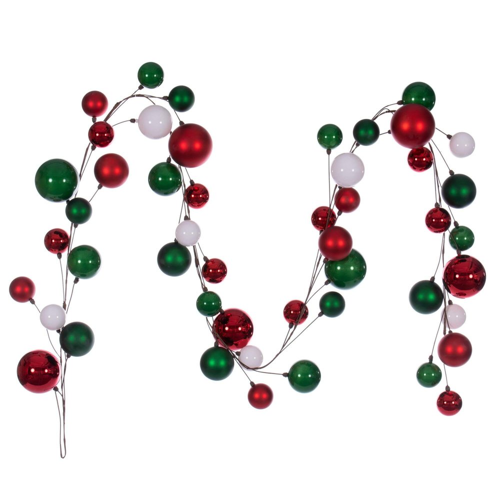 Vickerman 10' White, Red, and Green Assorted Finish Branch Ball Ornament Garland.