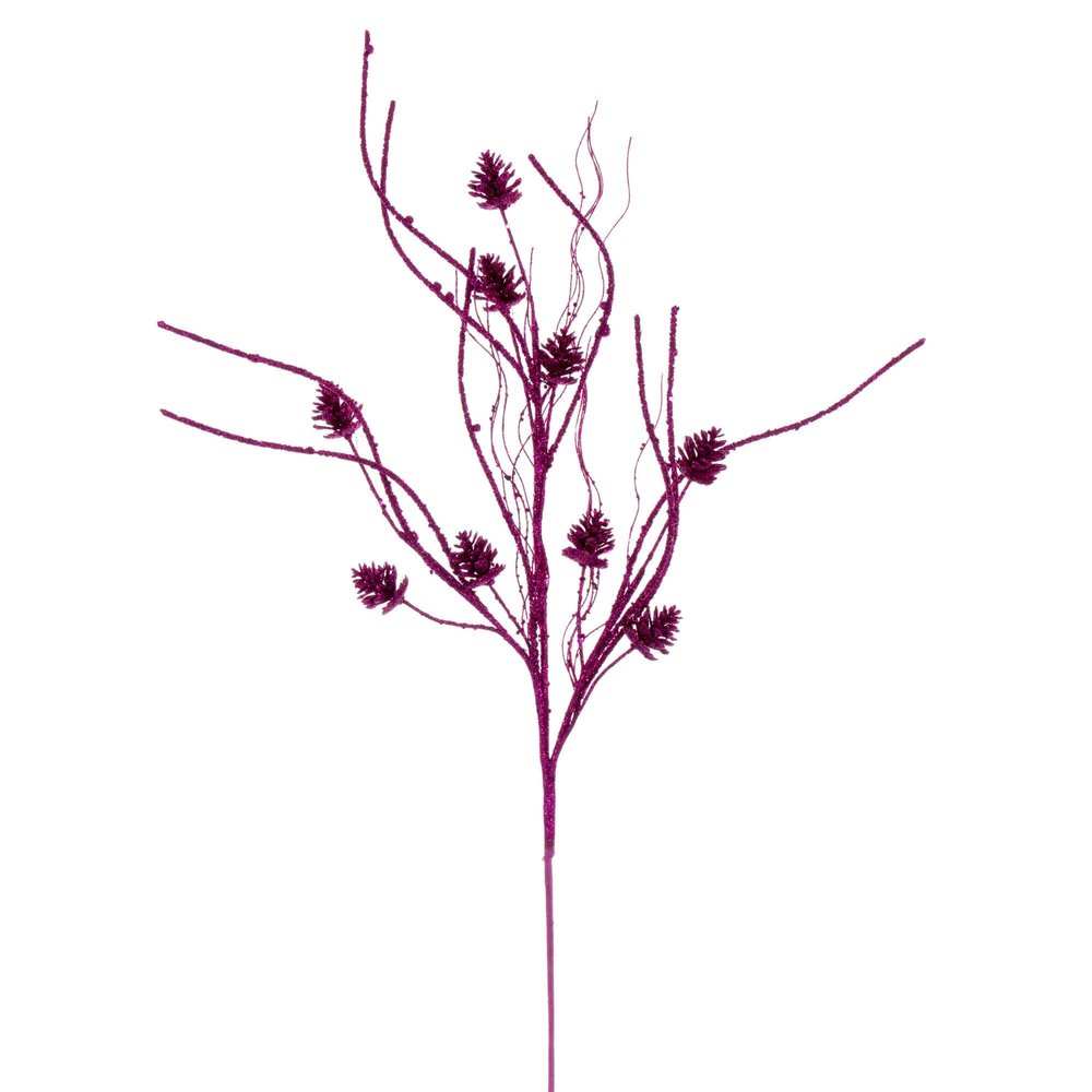 Vickerman 32" Fuchsia Mini Pinecone Twig Glitter Spray, 6 per Bag.