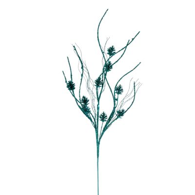 Vickerman 32" Teal Mini Pinecone Twig Glitter Spray, 6 per Bag.