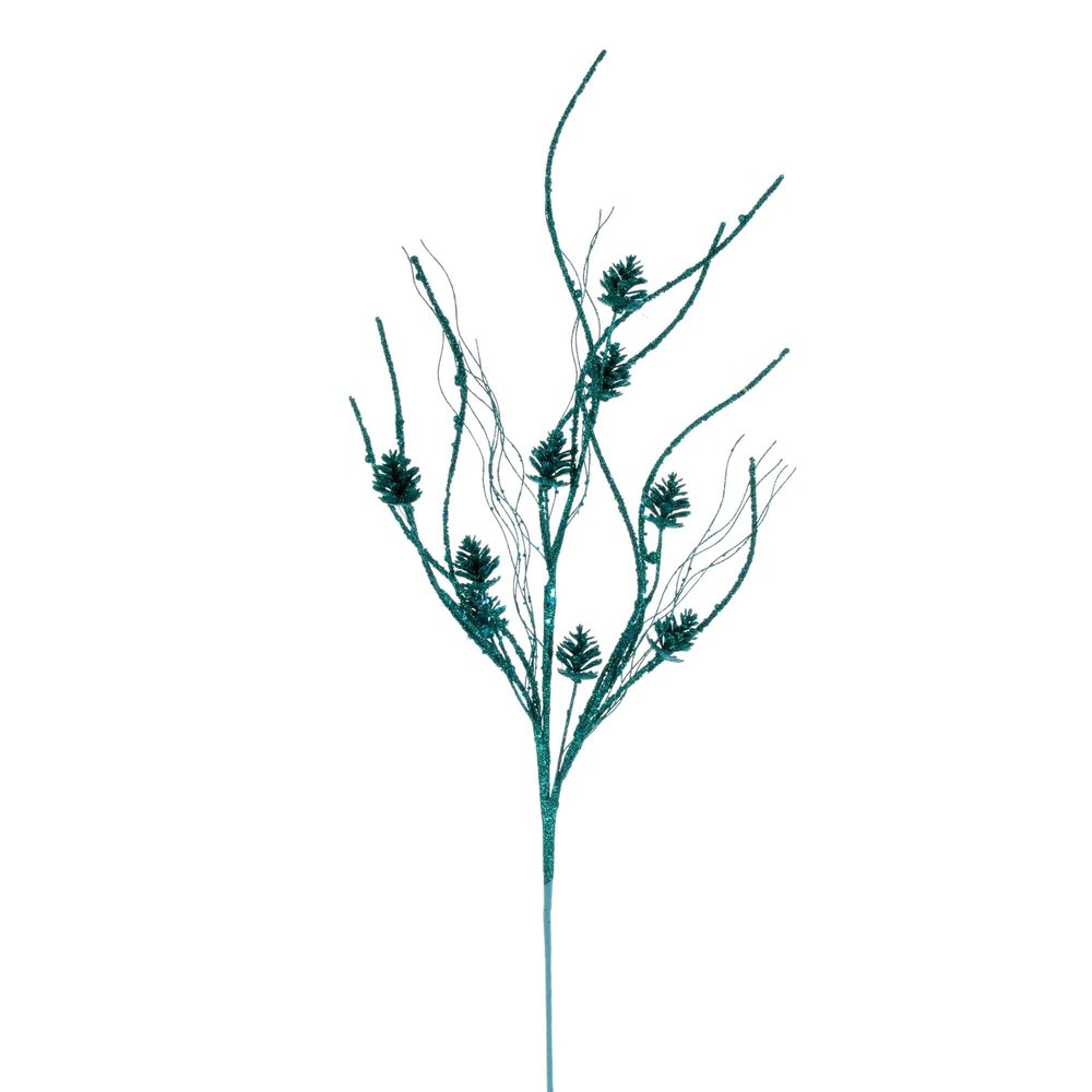 Vickerman 32" Teal Mini Pinecone Twig Glitter Spray, 6 per Bag.