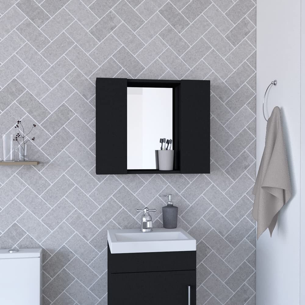 Hops Medicine Cabinet, Double Door, Mirror, One External Shelf, Black wengue Finish