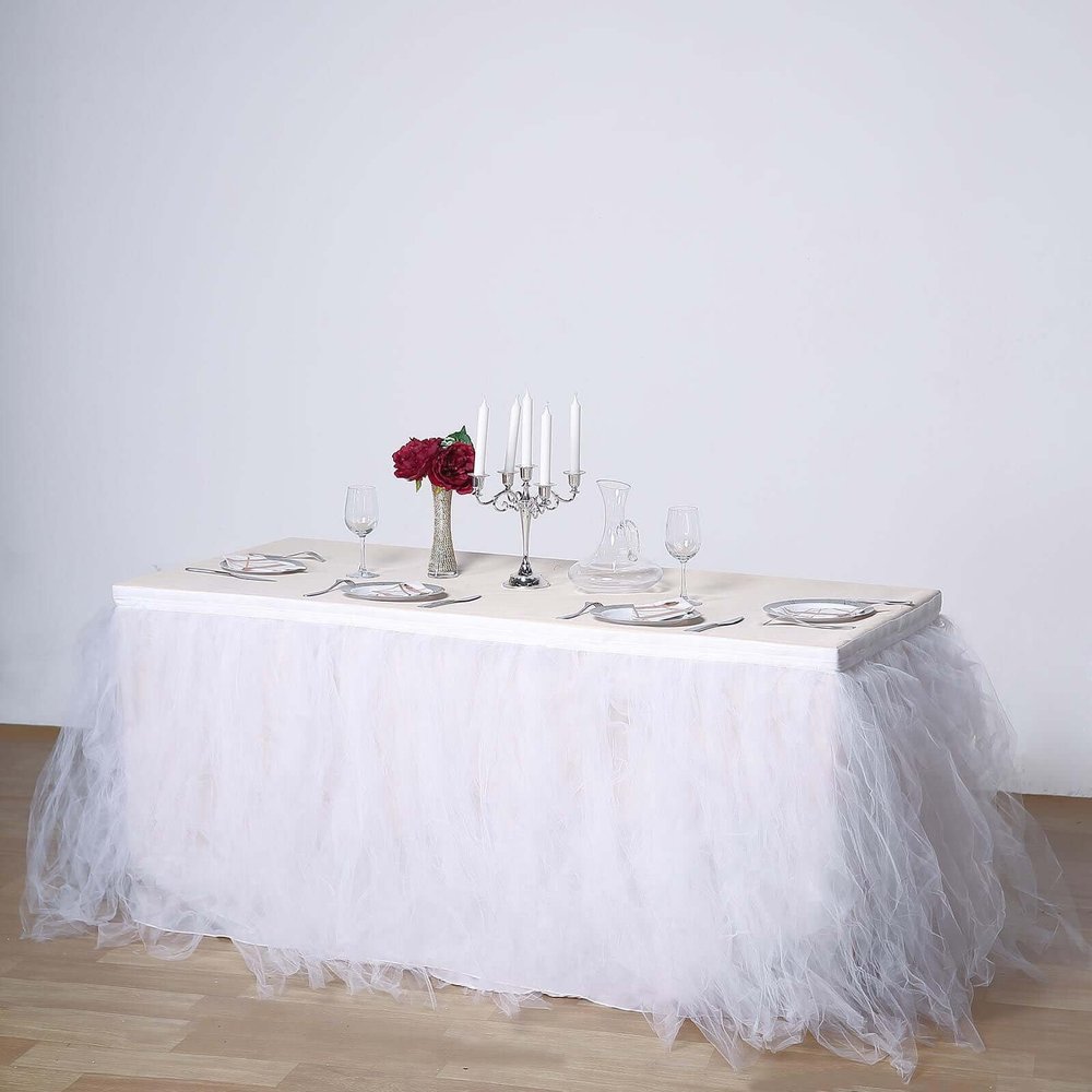 Efavormart 14ft White Full Size 4 Layer Fluffy Tulle - Tutu Table Skirt for Party Events fits 6ft rectangle/48in Round Table