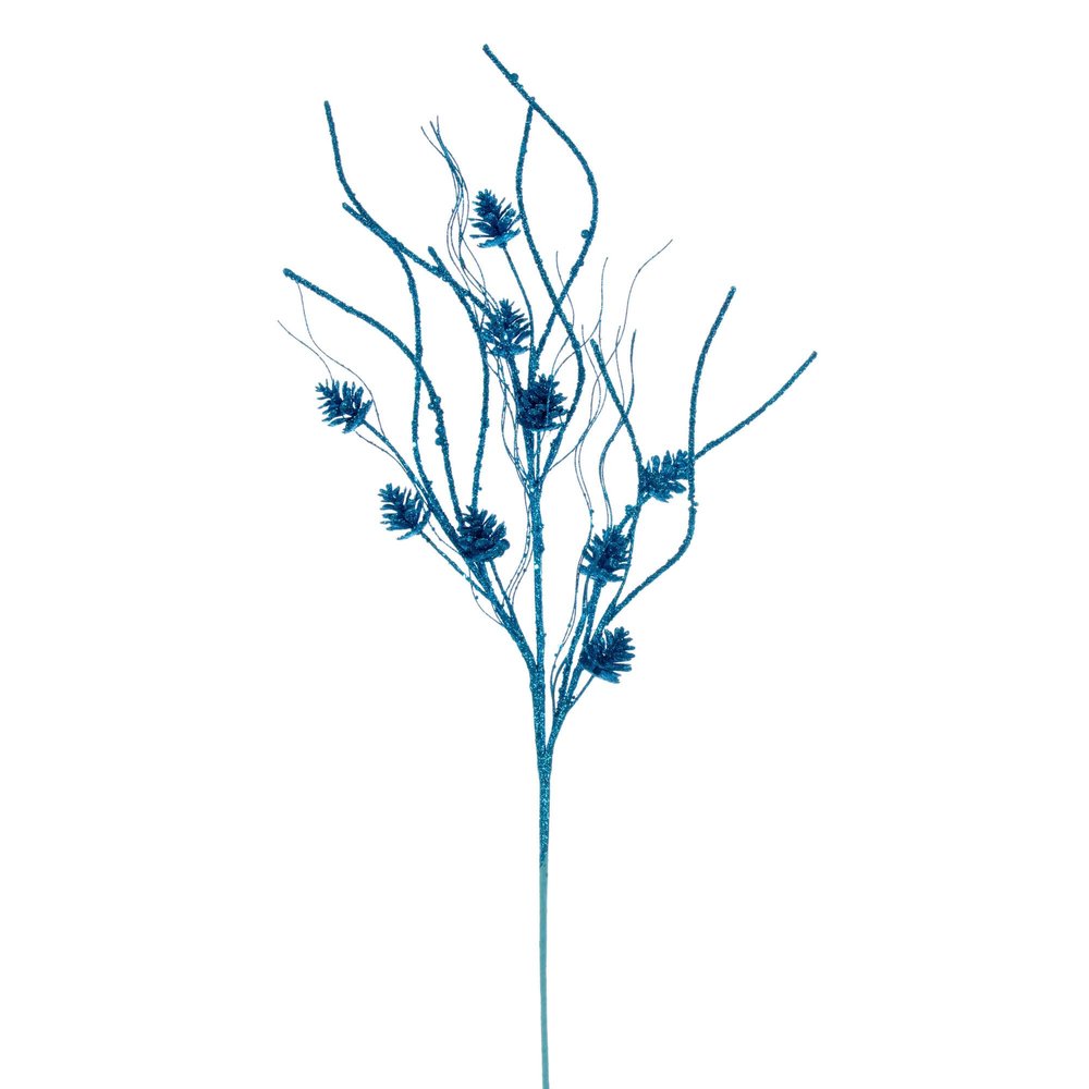 Vickerman 32" Turquoise Mini Pinecone Twig Glitter Spray, 6 per Bag.
