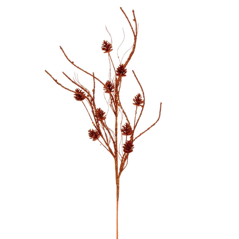 Vickerman 32" Burnished Orange Mini Pinecone Twig Glitter Spray, 6 per Bag.