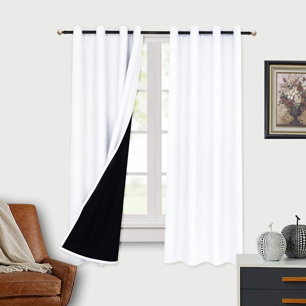 ADOORO Blackout Curtains for Bedroom with Black Line 100% Blackout Thermal Insulated Long Draperies for Living Room Soft Thick Window Treatment,White,120x69 in(WxL)