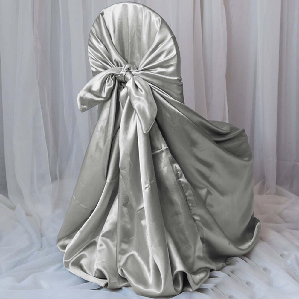 Efavormart Silver Chair Covers for Party 10 PCS Satin Self Tie Universal Banquet Wedding Folding Chair Cover for Dining Chairs Washable Slipcovers for Outdoors Events