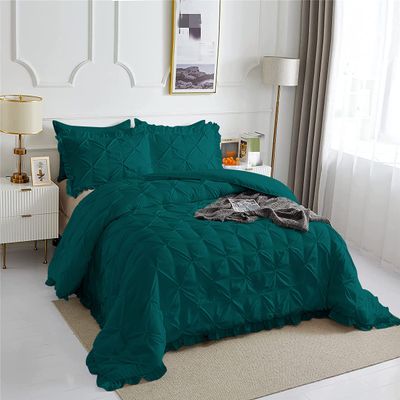 3 Piece Pinch Pleated Ruffle Comforter Set Premium Super Soft | 600 GSM All Season Pintuck | 1000 Thread Count | 100% Egyptian Cotton (Full/Queen Size Teal Color)