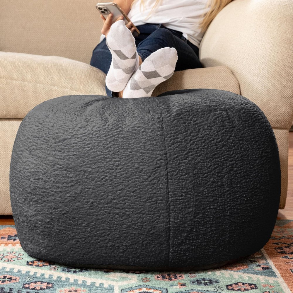 Jaxx Ellis Ottoman Shearling Faux-Lamb Plush Pouf for Modern Interior Design, Large, Black