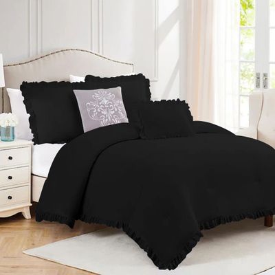 1 Piece Vintage Ruffle Pattern Comforter Premium Super Soft 600 GSM All Season | 100% Egyptian Cotton - Twin/Twin XL Size Black Color