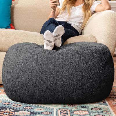 Jaxx Ellis Ottoman Shearling Faux-Lamb Plush Pouf for Modern Interior Design, Oval, Black