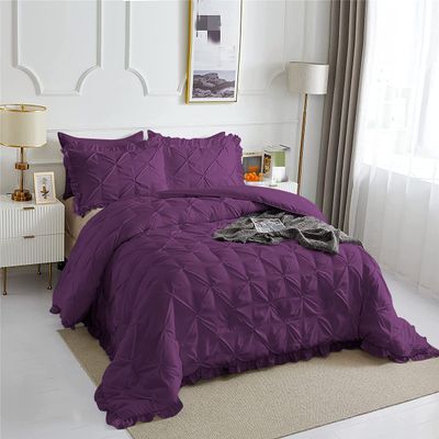 3 Piece Pinch Pleated Ruffle Comforter Set Premium Super Soft | 600 GSM All Season Pintuck | 1000 Thread Count | 100% Egyptian Cotton (King/California King Size Plum Color)