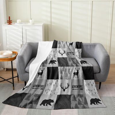 Black Gray Plaids Patchwork Kids Flannel Blanket for Boys Girls Adults,Wild Animals Deer Antlers Bear Bed Blanket,Arrows Pine Trees Throw Blanket,Rustic Fuzzy Blanket,Baby Size (30 x 39 Inches)