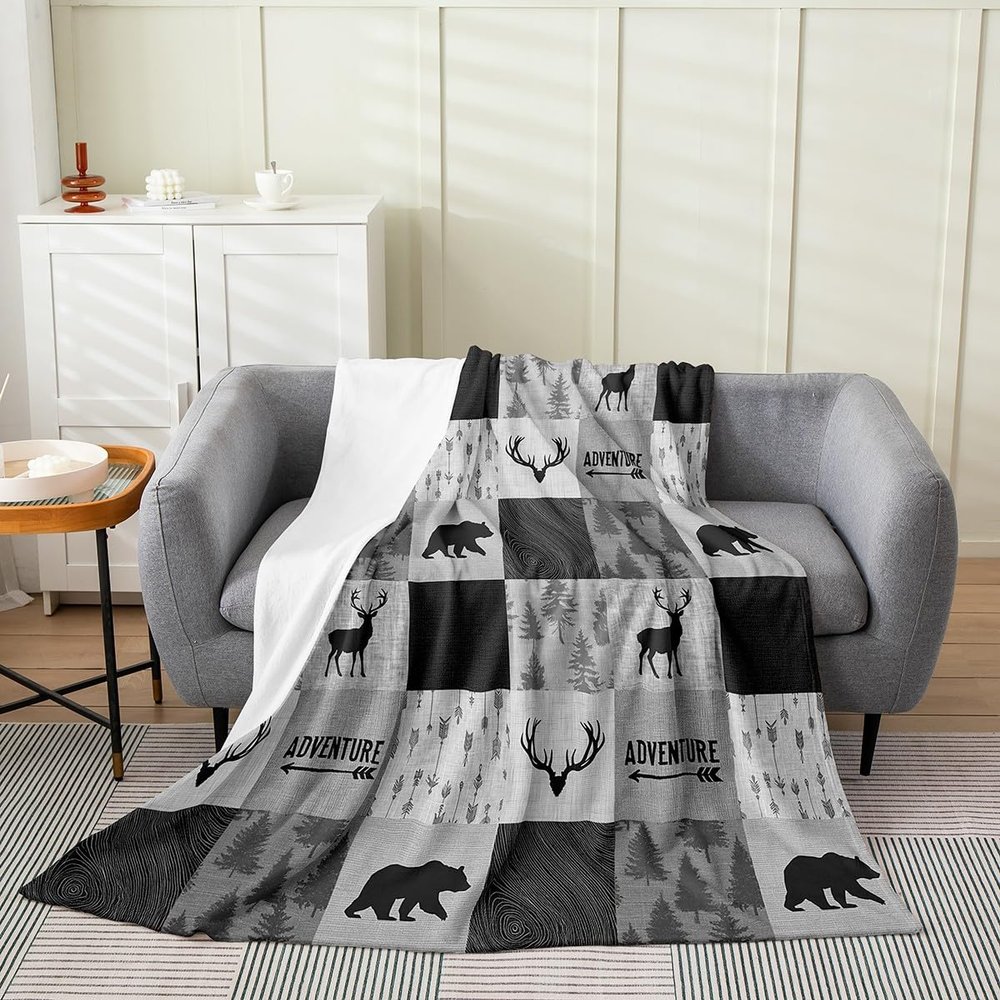 Black Gray Plaids Patchwork Kids Flannel Blanket for Boys Girls Adults,Wild Animals Deer Antlers Bear Bed Blanket,Arrows Pine Trees Throw Blanket,Rustic Fuzzy Blanket,Baby Size (30 x 39 Inches)