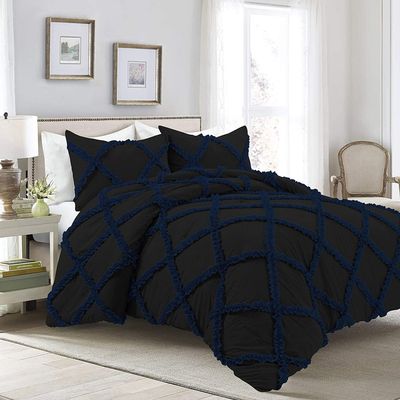400 Thread Count Two-Tone Diamond Ruffle Duvet/Comforter Cover 3PC Set, 100% Egyptian Cotton Quilt Covers & Pillowcases, Soft and Shaggy Bedding Set - Navy Blue/Black Solid, King Size.